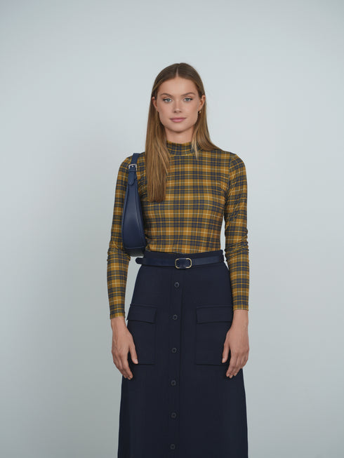 Point Printed Mock Neck Top in Varsity Plaid
